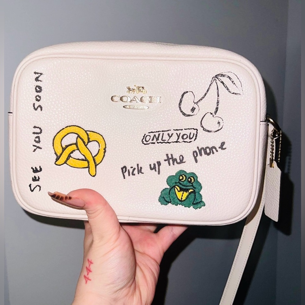 Coach White Leather Crossbody Bag With Long Strap, Graffiti Print